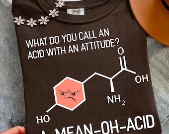 Puede incluir: Una camiseta marrón oscuro con un gráfico de estructura química blanco y un hexágono rosa con cara de enfado. El texto dice: WHAT DO YOU CALL AN ACID WITH AN ATTITUDE? A-MEAN-OH-ACID. La camiseta tiene cuello redondo y una etiqueta Comfort Colors.