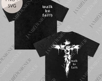 May include: Black t-shirts with the text "walk by faith" in white gothic font. One shirt displays the text on the front, and the other features a white graphic of Jesus on the cross on the back.