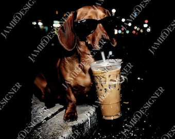 May include: A brown dachshund wearing black sunglasses, sipping an iced coffee through a straw. The dog is sitting on a stone surface, with a dark background and blurred lights.