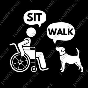 Puede incluir: Gr&aacute;fico en blanco y negro que muestra a una persona en silla de ruedas con una burbuja de di&aacute;logo que dice "SIT". Un perro est&aacute; de pie cerca de una burbuja de di&aacute;logo que dice "WALK". El fondo repite el texto "JAMIE DESIGNER".
