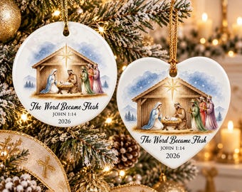 El Verbo se hizo carne Juan 1:14 Adorno navideño de cerámica, Adorno cristiano para el árbol de la Natividad, Regalo para amantes de la fe religiosa