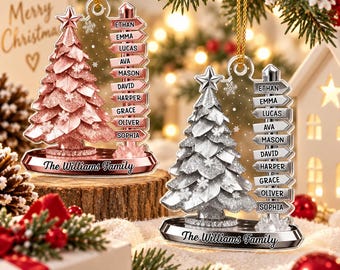 Family Signpost Personalized Christmas Tree Acrylic Christmas Ornament, Personalized Family Tree Ornament, Custom Name Holiday Keepsake