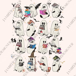Peut inclure: Une illustration fantaisiste pr&eacute;sente plusieurs fant&ocirc;mes blancs, chacun absorb&eacute; dans la lecture de livres. Certains fant&ocirc;mes portent des chapeaux ou ont des ailes de chauve-souris. Le motif comprend des chauves-souris, des &eacute;toiles et le texte "JAMIE DESIGNER", cr&eacute;ant une esth&eacute;tique effrayante mais charmante.