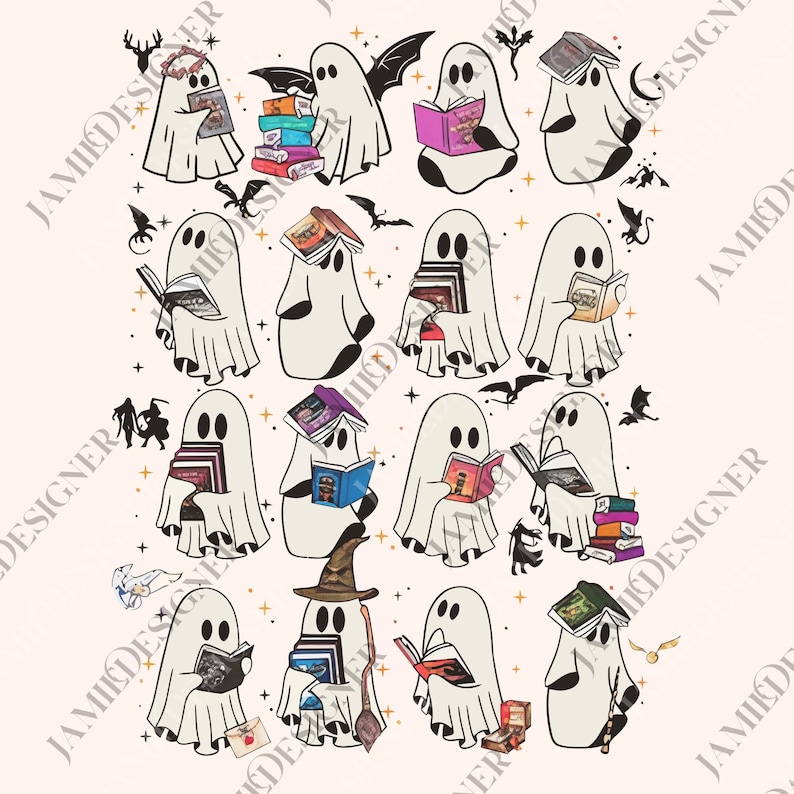 Peut inclure: Une illustration fantaisiste pr&eacute;sente plusieurs fant&ocirc;mes blancs, chacun absorb&eacute; dans la lecture de livres. Certains fant&ocirc;mes portent des chapeaux ou ont des ailes de chauve-souris. Le motif comprend des chauves-souris, des &eacute;toiles et le texte "JAMIE DESIGNER", cr&eacute;ant une esth&eacute;tique effrayante mais charmante.