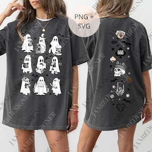 Könnte beinhalten: Dunkelgraues T-Shirt mit einem Front-Grafik von weißen Cartoon-Geistern, die Bücher lesen, mit Fledermäusen. Auf der Rückseite des Shirts befinden sich eine Rose, ein Totenkopf, Spielkartensymbole und eine Hand. Der Text "666" befindet sich ebenfalls auf der Rückseite.