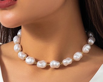 Collier de perles baroques, Collier de perles boule de feu blanches, Collier de perles irrégulières | Grande perle | Cadeau pour elle | Ras de cou en perles d'eau douce