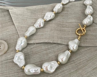 Baroque Pearl Beaded Necklace, White Fireball Pearl Necklace, Irregular Pearl | Large Pearl | Imitation Freshwater Pearl Choker Gold Beads