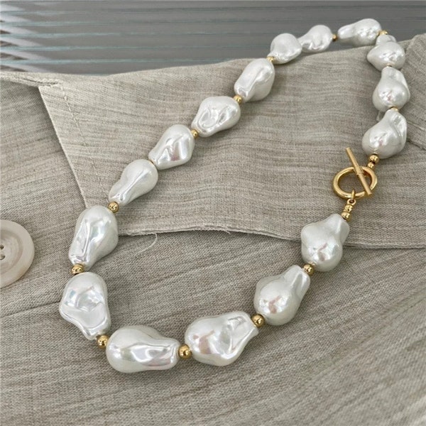 Baroque Pearl Beaded Necklace, White Fireball Pearl Necklace, Irregular Pearl | Large Pearl | Imitation Freshwater Pearl Choker Gold Beads