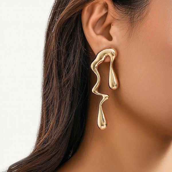 Gold Metal Drop Asymmetrical Earrings Teardrop Irregular Geometric Big Long Lightweight Waterdrop Studs