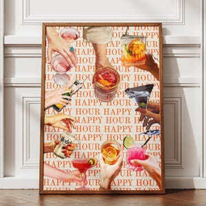 Koktajlowa sztuka ścienna, cyfrowy plakat Happy Hour, przepis na drinka do wydrukowania, zabawny wystrój wózka barowego, natychmiastowe pobieranie, grafika kuchenna Cheers Party