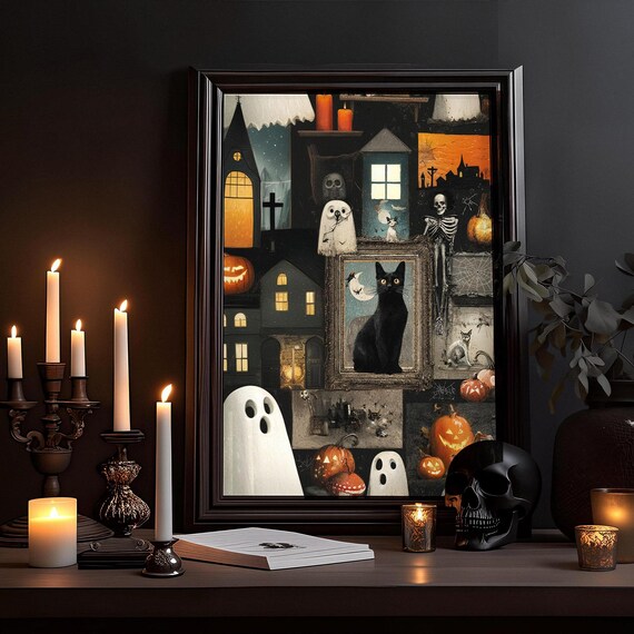 Vintage Halloween Cat Ghost Skeleton Pumpkin Boho Wall Art