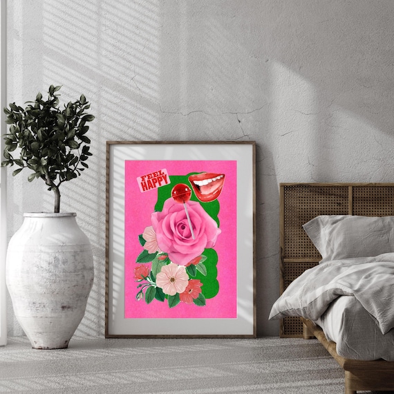 Feel Happy Art Portrait, Girly Wall Art, Pink Trendy Gallery Wall Print, Pink Poster, Vintage Wall Art, Maximalist Decor, Affirmation Poster