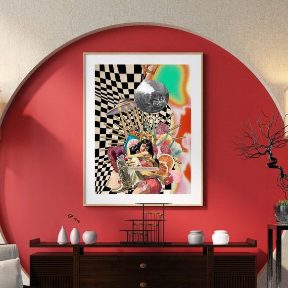 Psychedelic Retro Collage Wall Art Print – Disco Ball, UFO, Lovers, Pop Art Wall Decor – Eclectic Digital Download Poster, Surreal Decor