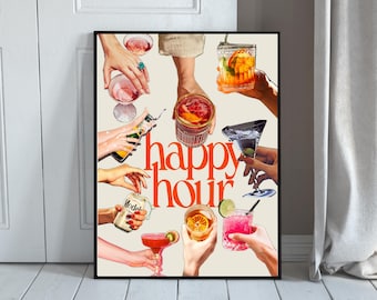 Cocktail Wall Art, Digital Happy Hour Poster, Printable Drink Recipe, Funny Bar Cart Decor, Instant Download, Cheers Party Kitchen Artwork