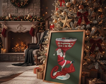 Christmas Cocktail Wall Art Printable, Funny Santa Holiday Poster