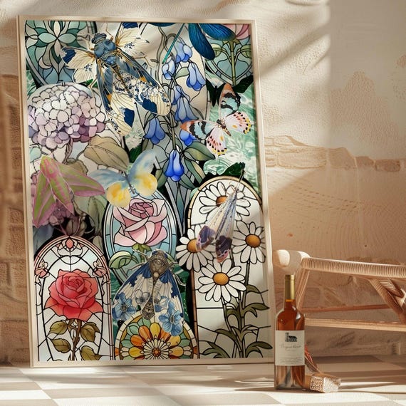 Art Nouveau Botanical Collage | Butterfly & Flower Digital Printable Wall Decor