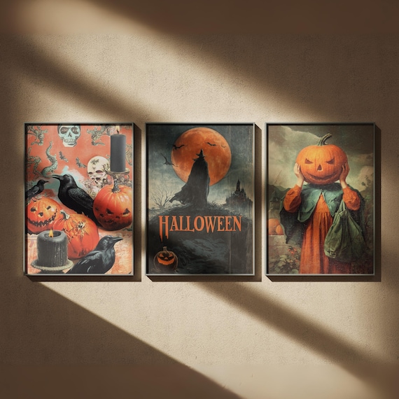 Vintage Halloween Wall Art Retro Prints Bundle - Set of 3 Posters