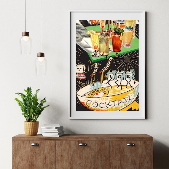 Retro Cocktail Art Print – Mid Century Modern Kitchen Wall Decor, Vintage Bar Poster, Quirky Drink Recipe Collage, Digital Download