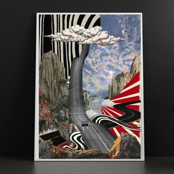 Trippy Psychedelic Surreal Landscape Art Print – Dreamy Collage Road Trip Poster, Surreal Scenery, Digital Download, Printable Wall Art
