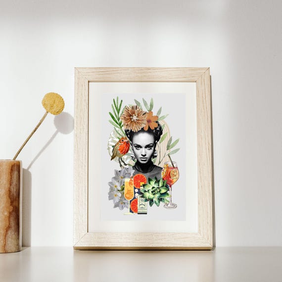 Tropical Cocktail Collage Art, Digital Wall Print, Botanical Woman Poster, Retro Drink Decor, Bar Cart Aesthetic, Instant Download