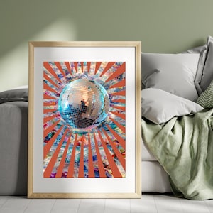 Kula dyskotekowa, plakat dyskotekowy, sztuka ścienna Preppy, modna sztuka ścienna, funkcjonalna sztuka ścienna, sztuka eklektyczna, sztuka na wózku barowym, wystrój ścienny retro, modny wystrój retro