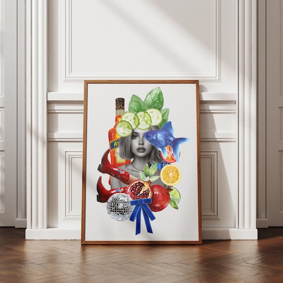 Aperol Collage Art Print, Retro Cocktail Wall Decor, Pop Art Digital Download, Funny Bar Poster, Fruit Girl Aesthetic Artwork