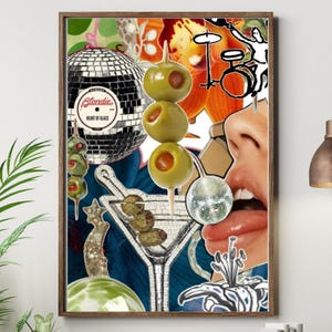 Arte mural de cócteles disco retro - Descarga digital imprimible - Póster de martini moderno - Decoración de bar - Estética de los 70 - Impresión artística instantánea