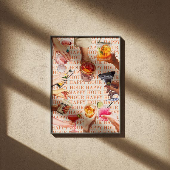 Whimsical Cocktail Wall Art: Printable Happy Hour Digital Print for Your Home Bar