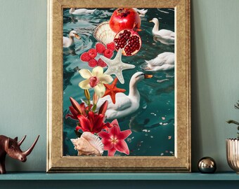 May include: A framed collage featuring a variety of elements, including white swans, red pomegranates, red raspberries, a white starfish, a red starfish, a white orchid, and a seashell. The background is a turquoise blue.