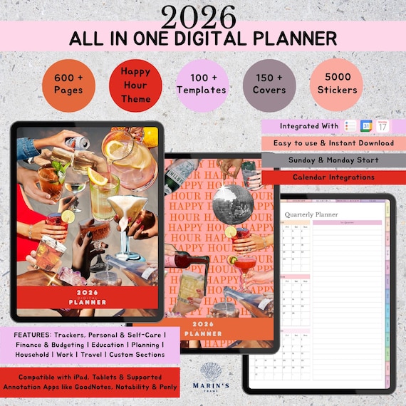 2026 Digital Planner: Happy Hour Theme, 5000+ Stickers (Goodnotes Template)
