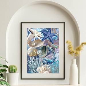 Arte digital submarino, impresión costera, póster oceánico, póster de conchas, arte costero moderno, impresión de arte mural, decoración oceánica, arte marino para pared