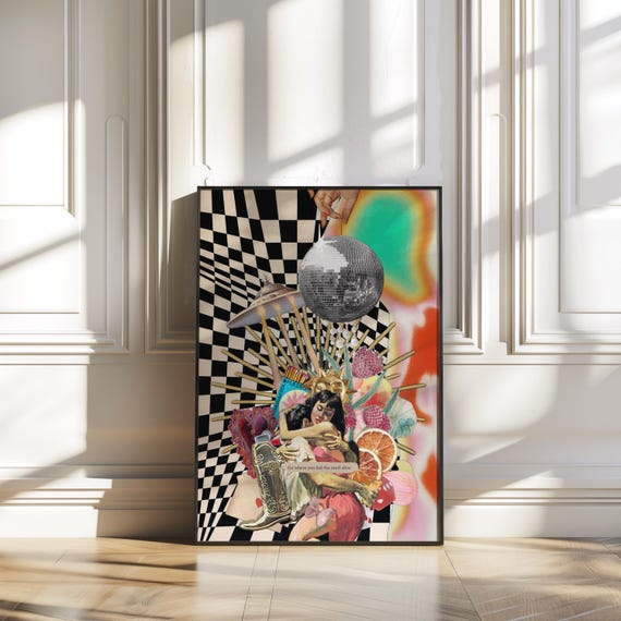 Abstract Wall Art for Living Room: Retro Wall Art Collage with Disco Ball, UFO and Paintings of Couples Making Love