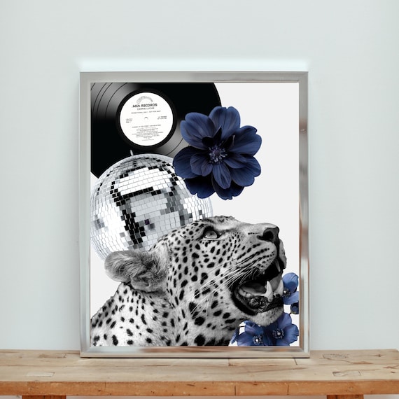 Leopard Wall Art, Leopard Print, Leopard Poster, Disco Ball Decor, Trendy Leopard Print, Disco Ball Print, Vinyl Record Wall Art, Vinyl Gift