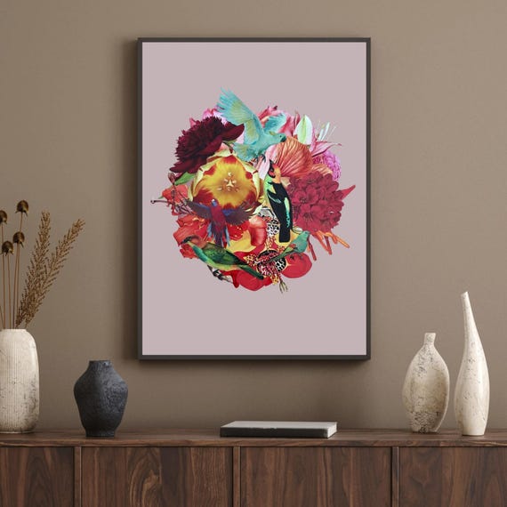 Birds and Flowers Digital Collage Art Print – Colorful Wall Decor, Printable Nature Poster, Instant Download Botanical Wall Art