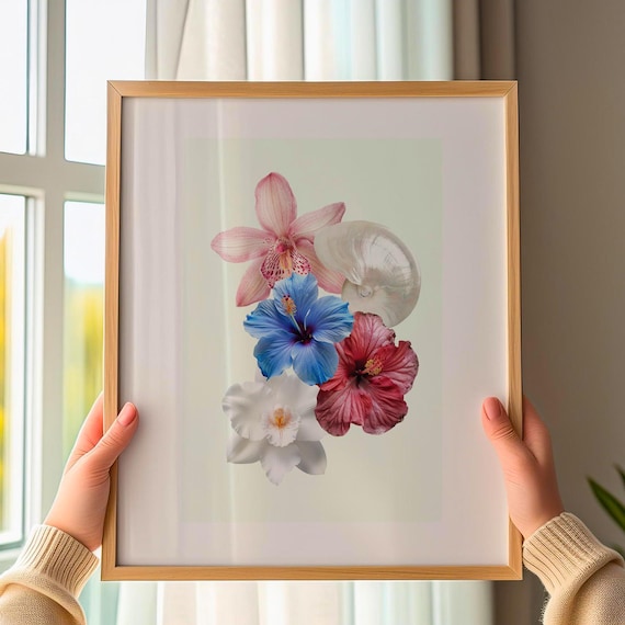 Bohemian Botanical Seashell Flower Wall Art – Retro Coastal Home Decor Printable Instant Download