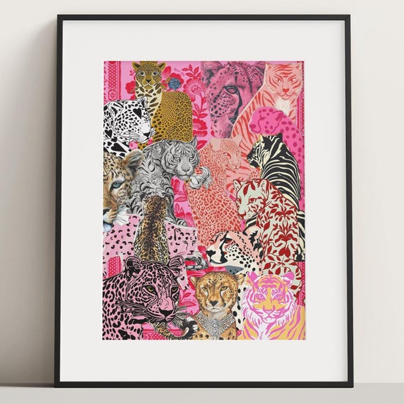 Colorful Big Cat Collage Printable Wall Art – Leopard Tiger Cheetah Poster – Bold Jungle Animal Digital Download for Home Decor