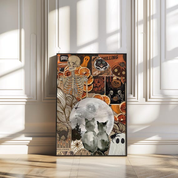 Vintage Halloween Art Prints: Spooky Black Cat, Ghost, Witch (Digital Download)