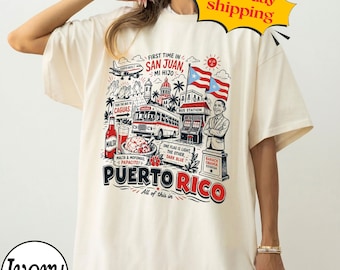 Maglietta di Porto Rico, maglietta da viaggio di San Juan, maglietta retrò Boricua Heritage, regalo vintage per le vacanze ai Caraibi, maglietta personalizzata con simpatici disegni culturali
