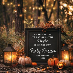 May include: A black chalkboard sign with white text announcing the arrival of a "Pumpkin" due in January 2025. The sign is surrounded by pumpkins, lanterns, and string lights, creating a festive autumnal scene.