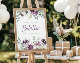 Purple Wildflower Welcome Sign, 1st Birthday Girly Any Age, Canva Template, DIY Kids Party Decor, Print at home Birthday, Grey Purple Green