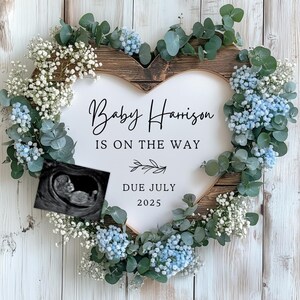 Anuncio de embarazo con marco minimalista de corazón azul, noticias de bebé con eucalipto bohemio, revelación de género de niño y niña, lienzo digital simple de primavera neutra