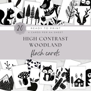 Hoog contrast zintuiglijke flashcards voor baby Woodland thema digitale download Montessori-activiteit voor baby's thuis afdrukken Instant Download DIY