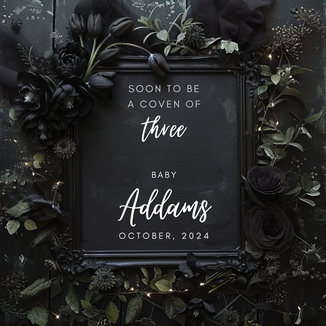 Moody Black Gothic Halloween Floral Pregnancy Announcement, Gender Reveal, Digital Canva Template, Social Media Template, Baby Edit Yourself