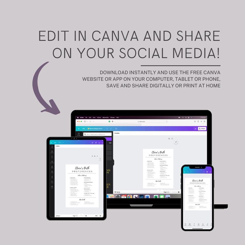 May include: A screenshot showing a laptop, tablet, and phone displaying a digital template for a wedding preference list. The template is titled "Claire's Birth Preferences" and includes a list of preferences for the wedding. The text on the screen says "Download instantly and use the free Canva website or app on your computer, tablet or phone. Save and share digitally or print at home."