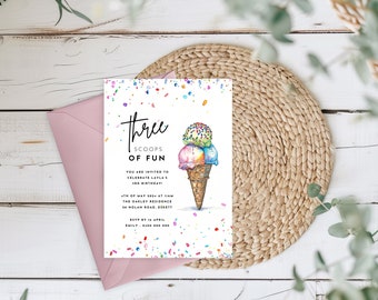 Three Scoops of Fun Kids Birthday Invite, Digital Canva Template, Edit Yourself Rainbow Childrens Invitation, Ice Cream and Sprinkles Party