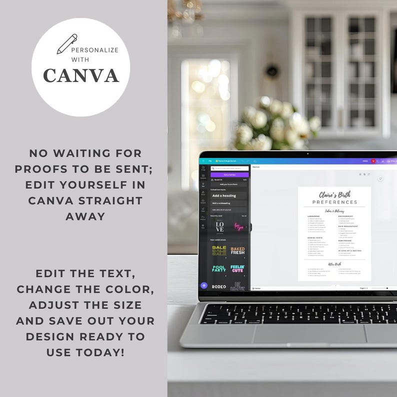 May include: A laptop computer displaying a Canva design template for a birth preference list. The template is titled "Claire's Birth Preferences" and includes sections for food and drinks, music, and other preferences. The laptop is on a table with a white background.