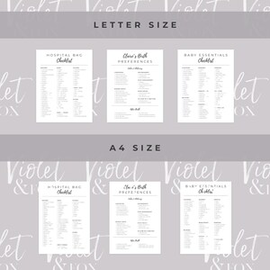 May include: Printable checklists for hospital bag, baby essentials, and birth preferences. The checklists are in two sizes: letter and A4. The checklists are in black and white with a simple design.