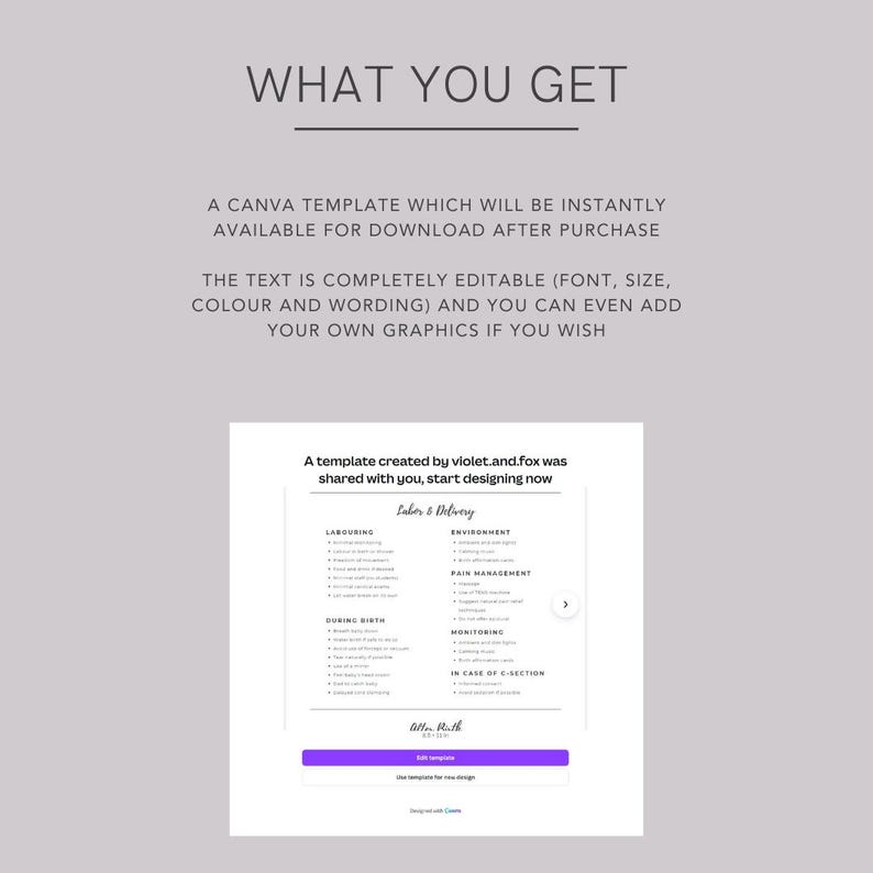 May include: A Canva template for a labor and delivery checklist. The template is editable and includes sections for laboring, during birth, monitoring, and in case of a c-section. The text is in black and the background is white.
