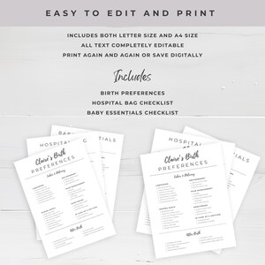 May include: Printable checklist for a hospital bag, baby essentials, and birth preferences. The checklist is titled "Claire's Birth Preferences" and includes sections for labor and delivery, during birth, and after birth.