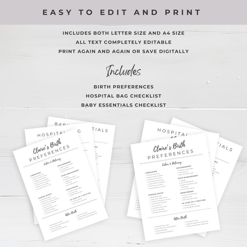 May include: Printable checklist for a hospital bag, baby essentials, and birth preferences. The checklist is titled "Claire's Birth Preferences" and includes sections for labor and delivery, during birth, and after birth.